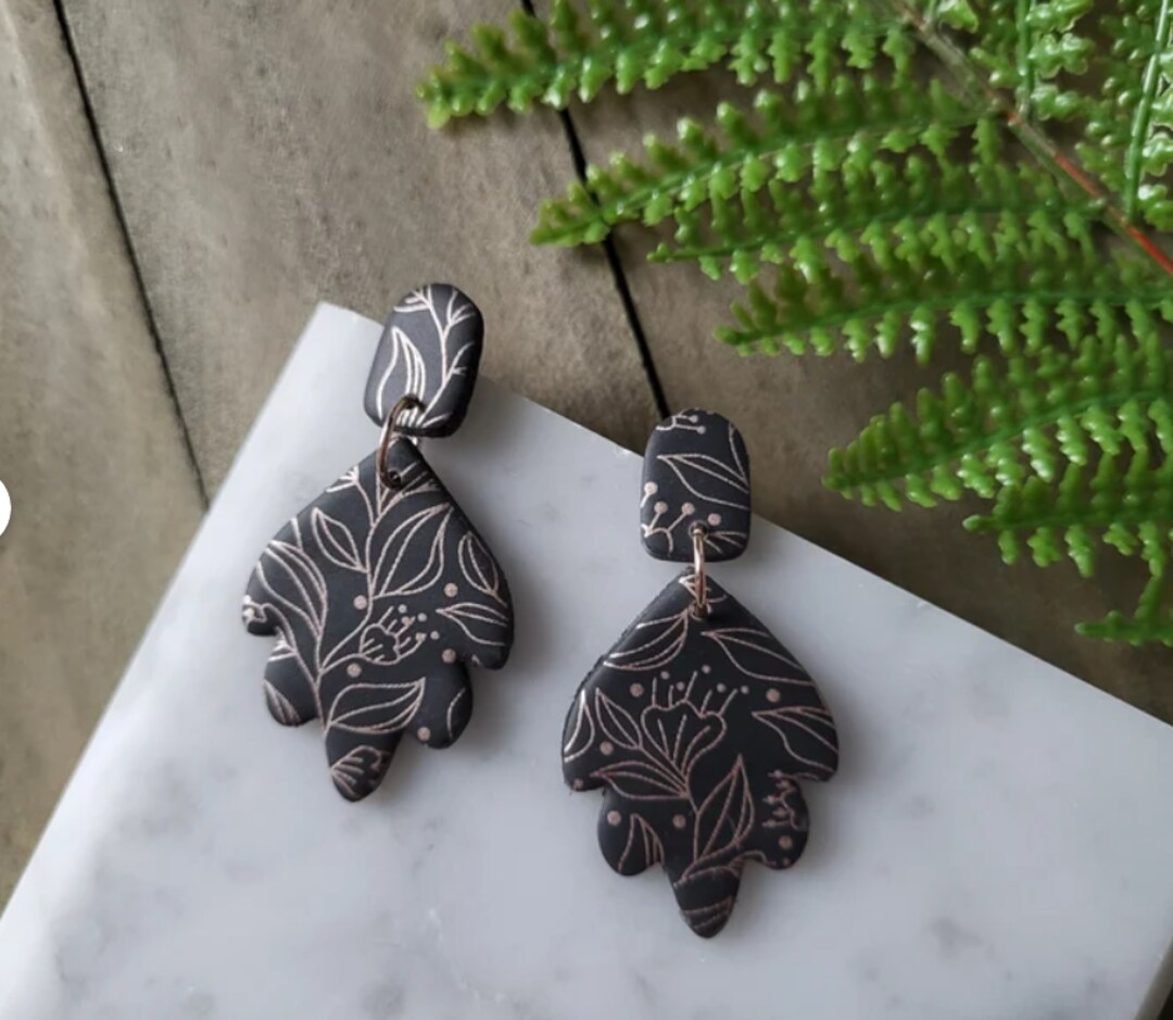 Black Dangle Earrings, Polymer Clay Earrings, Rose Gold Earrings, Statement Jewelry, Black Earrings, Lightweight Drop Earrings, Gift MakerPlace by